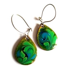 Vintage earrings copper on enamel green blue yellow silver tone dainty
